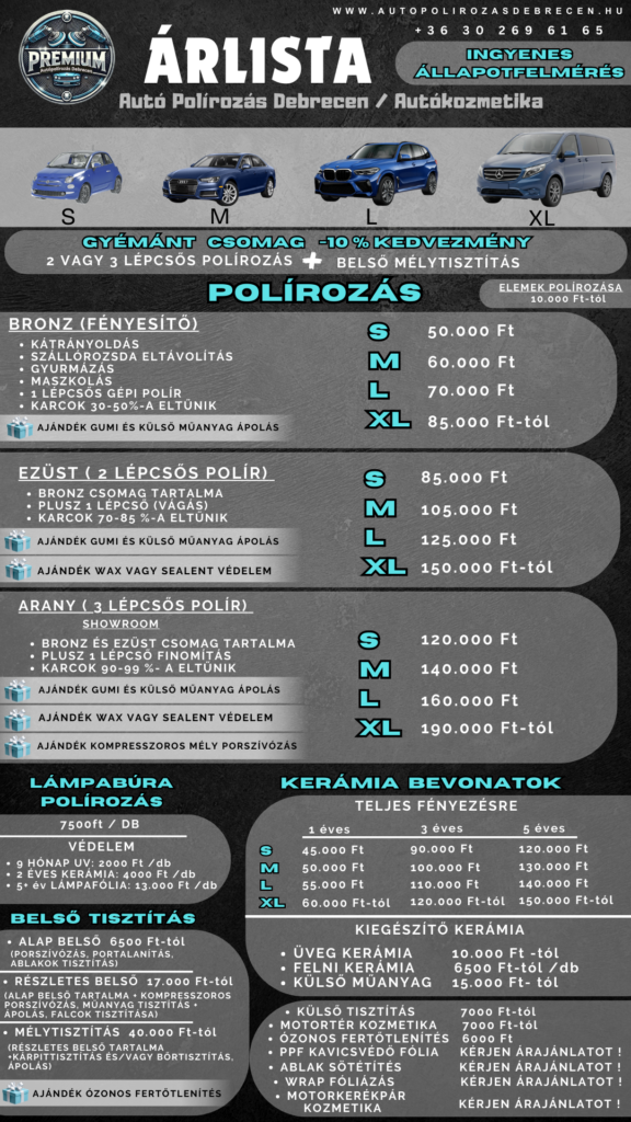 Autópolírozás Debrecen - Árlista